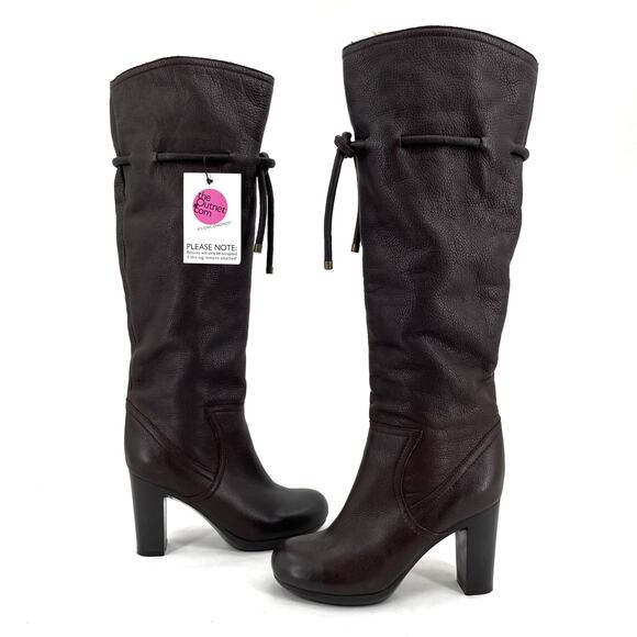 See By Chloe Tall Brown Leather Boots Wool Lined High Heeled Pebbled Size 37.5 - Picture 1 of 15